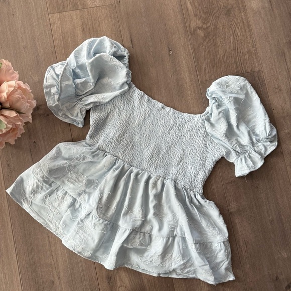 SHEIN Baby Blue Poof Sleeve Smocked Embossed Floral Blouse - Picture 4 of 6